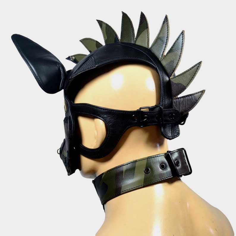 Spiked leather pup hood showing adjustable back straps and detailed craftsmanship by Jackets Kingdom