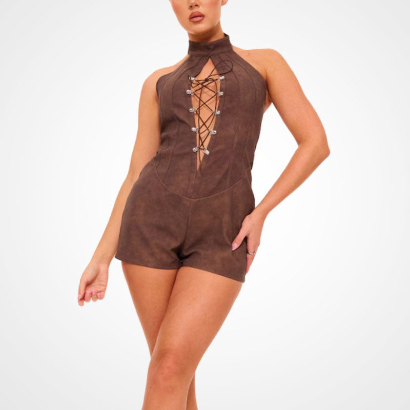 Women’s Suede Leather Halter Romper – Spring Summer 2025