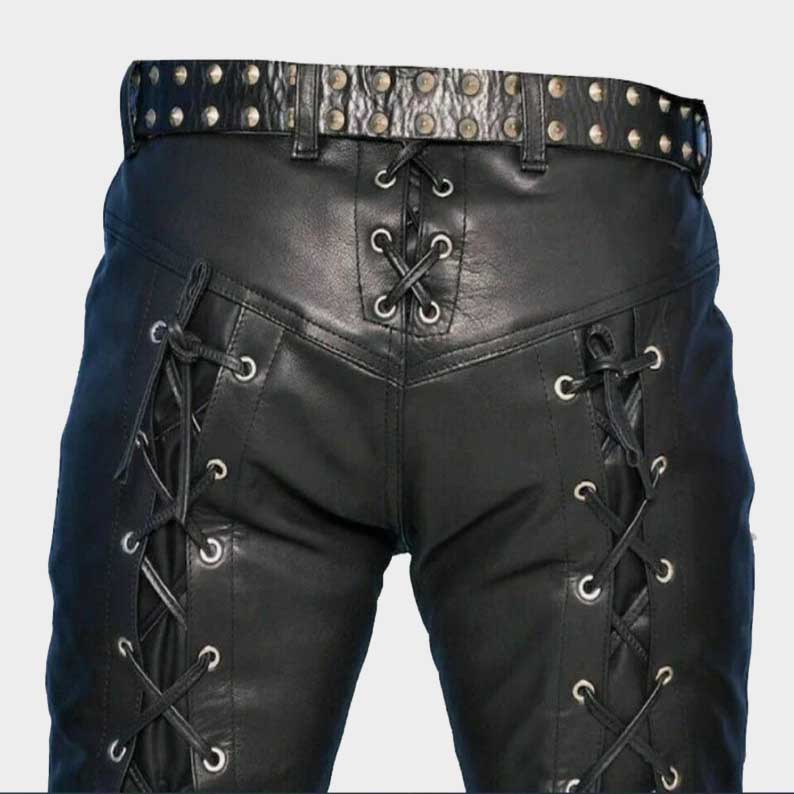 Steampunk black leather pants with unique lace up details for bikers and performers by Jackets Kingdom
