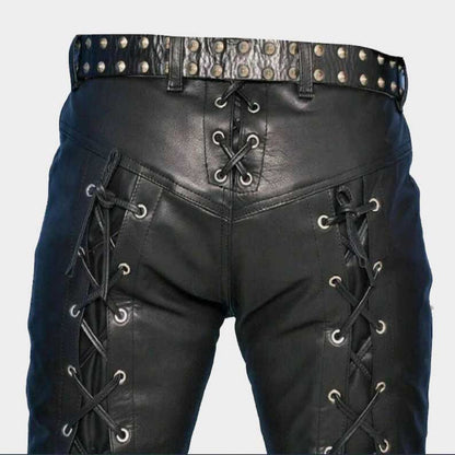 Steampunk black leather pants with unique lace up details for bikers and performers by Jackets Kingdom