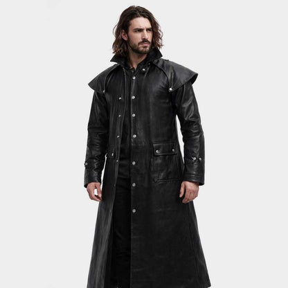 Steampunk black leather trench coat with hood for gothic cosplay and LARP by Jackets Kingdom