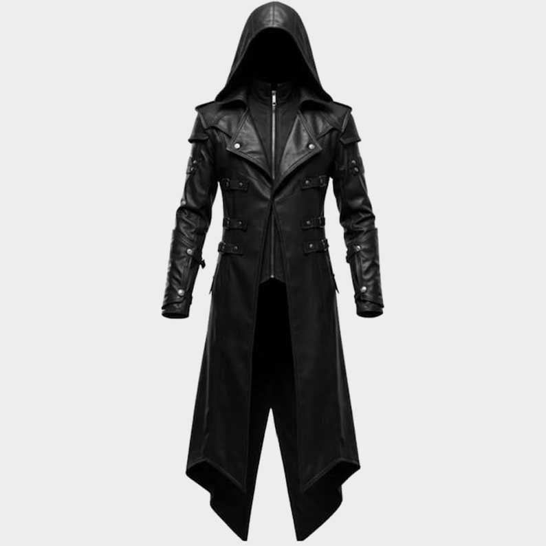 Steampunk black leather trench coat with hood in gothic assassin style by Jackets Kingdom