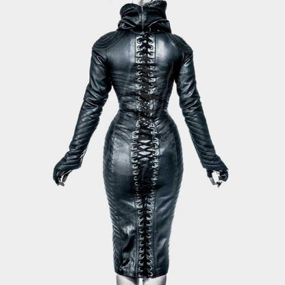 Steampunk quilted leather dress for cosplay, biker fashion, and alternative wear by Jackets Kingdom
