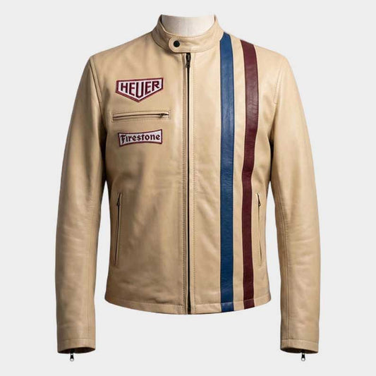 Steve McQueen Le Mans cream cafe racer jacket men with vintage racing stripes and stand collar by Jackets Kingdom