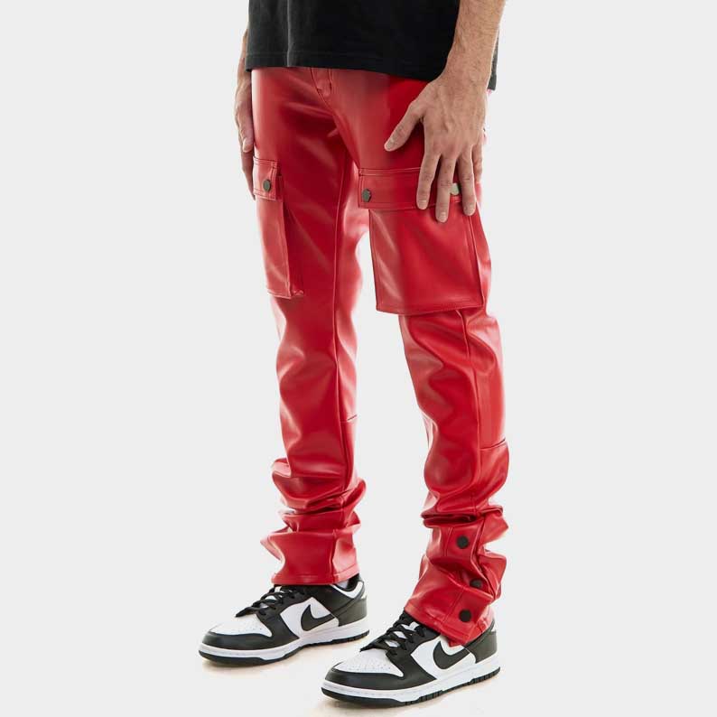Streetwear style red cargo leather pants front view by Jackets Kingdom