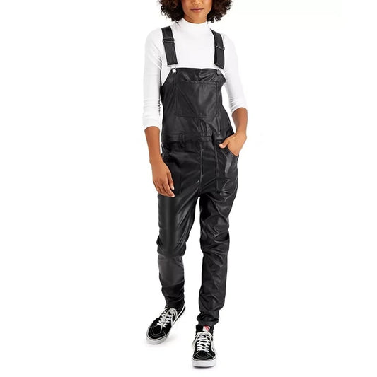 Stylish Black Multi Pockets Leather Overall for Women