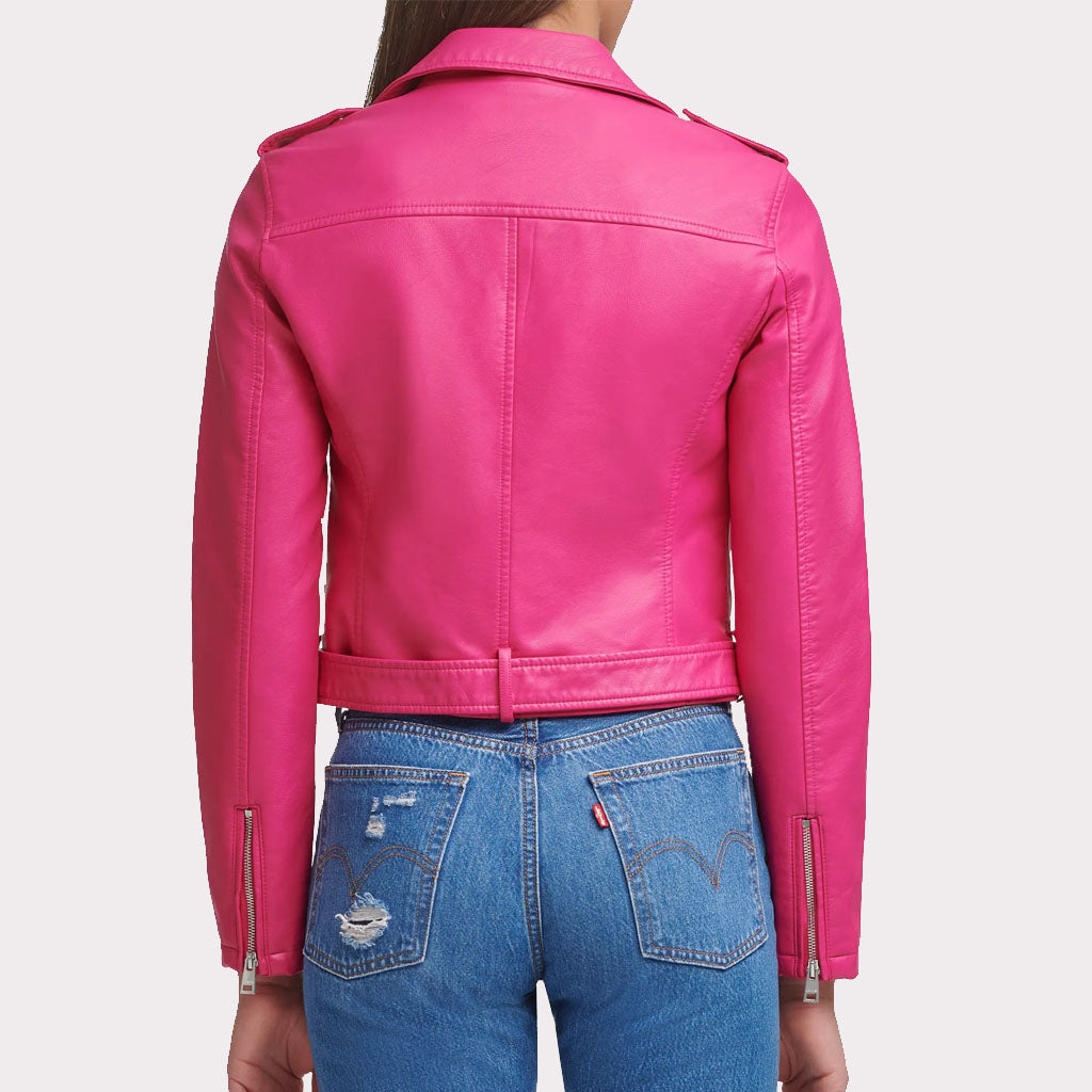 Stylish Bright Pink Women's Biker Leather Jacket