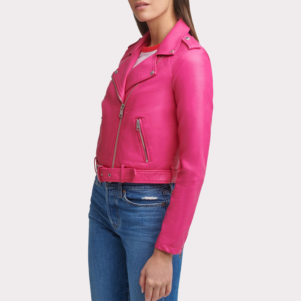Stylish Bright Pink Women's Biker Leather Jacket
