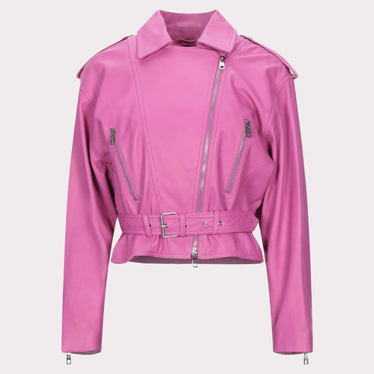 Pink Cropped Leather Jacket - Women's Fashion