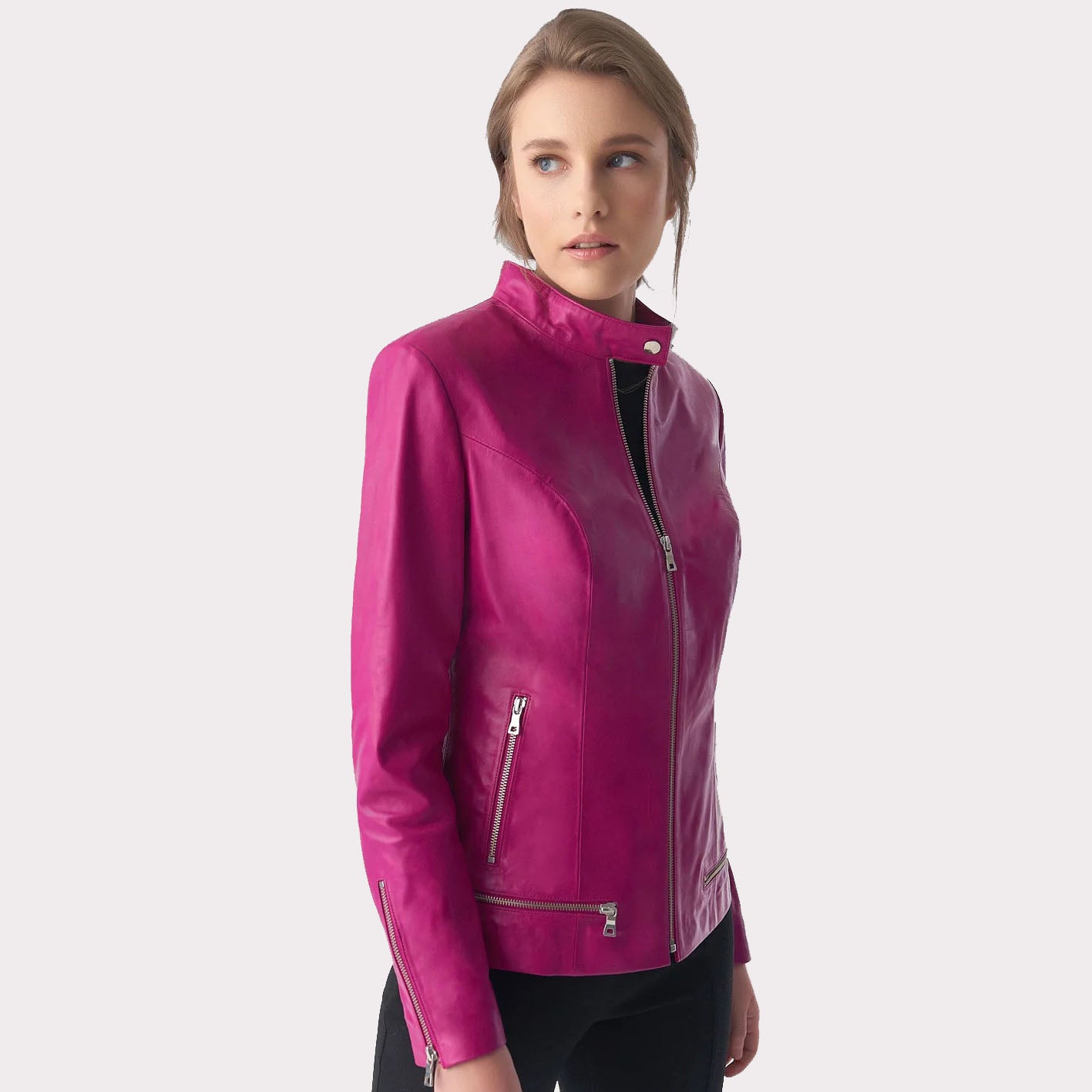Fuchsia Women's Leather Jacket - Stylish Zipper Hem