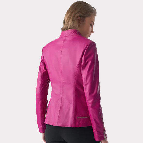 Stylish Women's Fuchsia Leather Jacket with Zipper Hem Detail