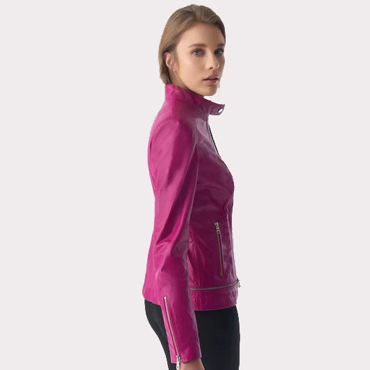 Stylish Women's Fuchsia Leather Jacket with Zipper Hem Detail