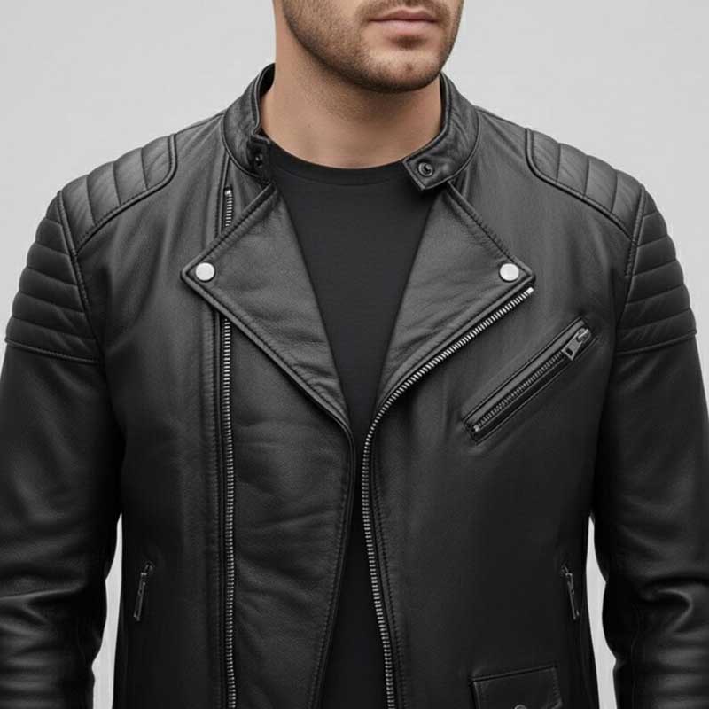 Supple lambskin biker jacket for men with distinctive quilted shoulder detailing