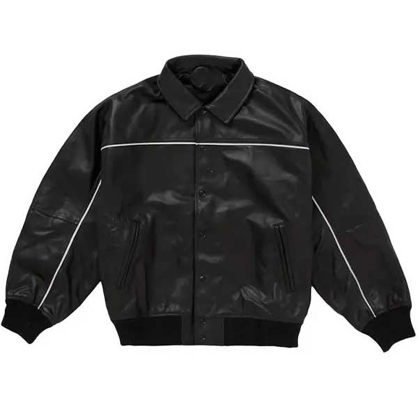 Supreme Black Genuine Leather Varsity Bomber Jacket
