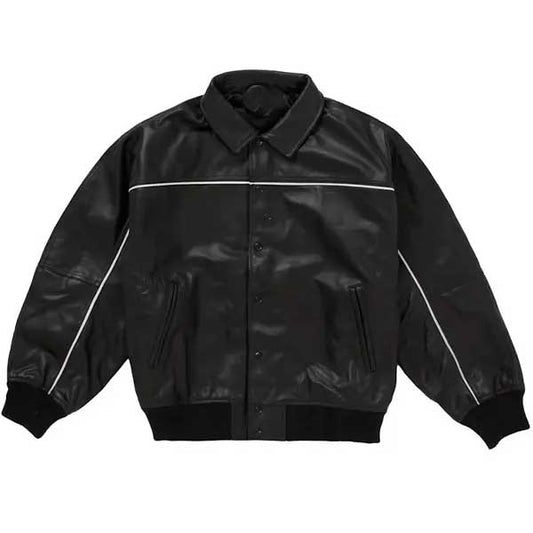 Supreme Black Genuine Leather Varsity Bomber Jacket