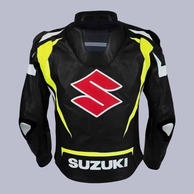 Back view of Suzuki Racing black leather motorcycle jacket with bold branding