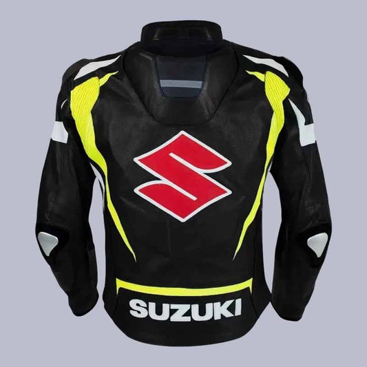 Back view of Suzuki Racing black leather motorcycle jacket with bold branding