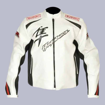 Men's Suzuki Hayabusa white cowhide leather racing jacket front view with CE armor