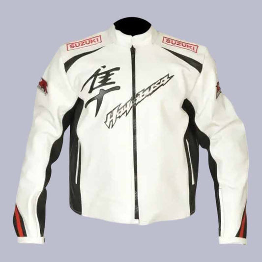 Men's Suzuki Hayabusa white cowhide leather racing jacket front view with CE armor