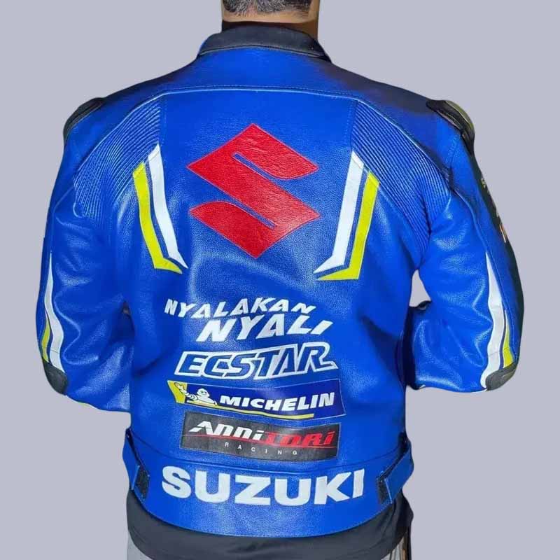Back view of Suzuki Ecstar racing leather biker jacket with MotoGP branding