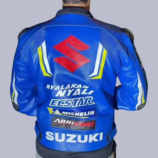 Back view of Suzuki Ecstar racing leather biker jacket with MotoGP branding