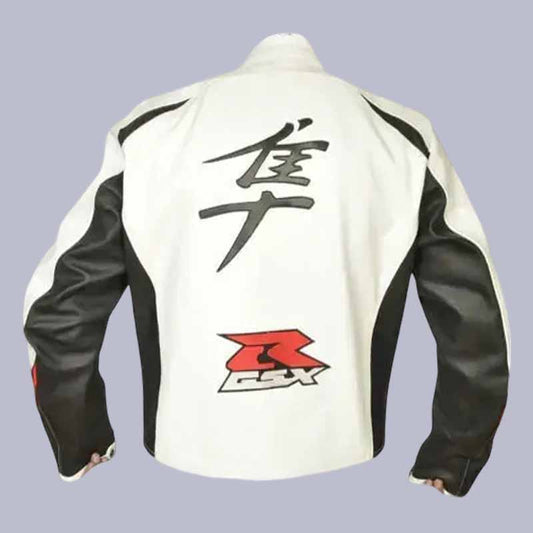Rear view of Suzuki Hayabusa white leather racing jacket with embroidered branding