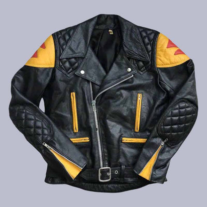 Men's Suzuki Classic 80s black cowhide leather Brando jacket front view with yellow panels