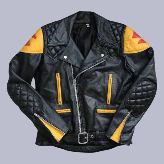 Men's Suzuki Classic 80s black cowhide leather Brando jacket front view with yellow panels