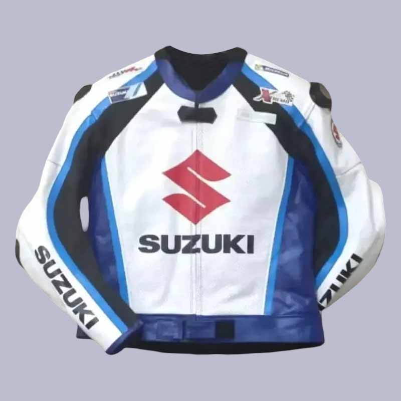 Men's Suzuki multi color cowhide leather racing jacket front view with CE armor