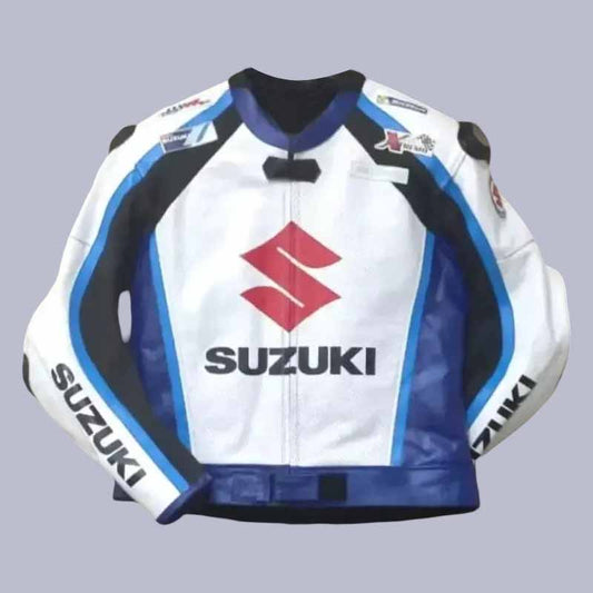 Men's Suzuki multi color cowhide leather racing jacket front view with CE armor