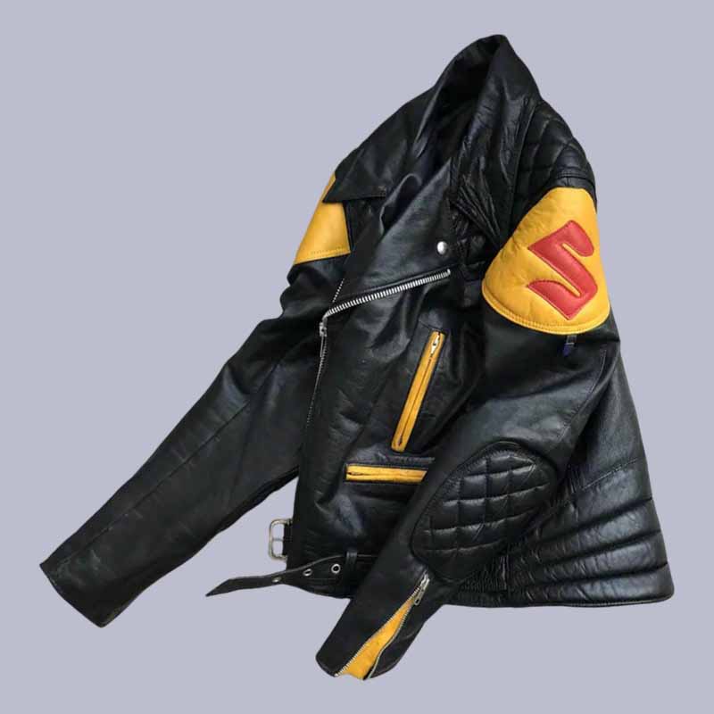 Asymmetrical zipper detail on Suzuki classic biker leather jacket
