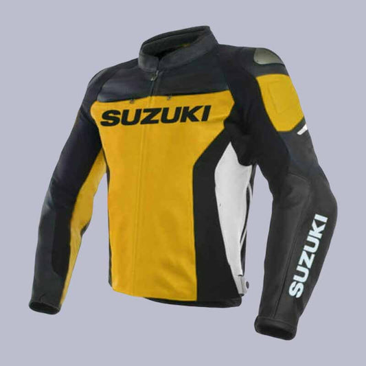 Men's Suzuki GSXR yellow black leather racing biker jacket front view with CE armor