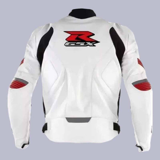 Aerodynamic speed hump detail on the back of the men's white Suzuki GSXR motorcycle leather racing jacket