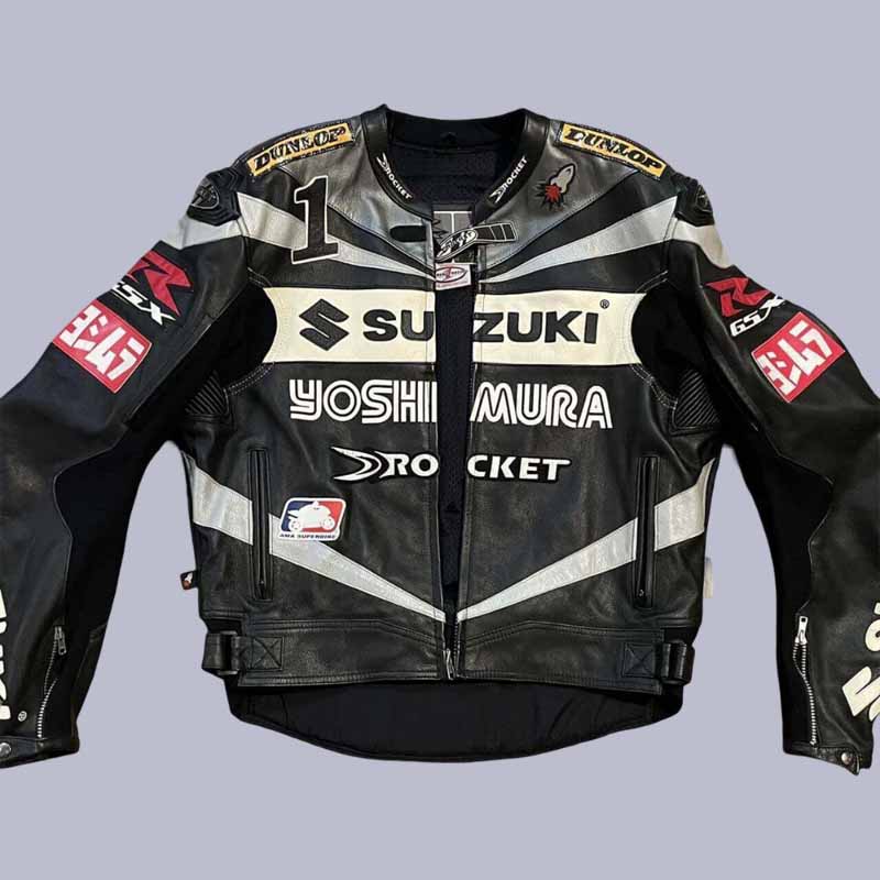 unisex black Suzuki Rocket Riding cowhide leather jacket with subtle logos