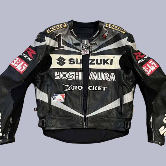 unisex black Suzuki Rocket Riding cowhide leather jacket with subtle logos