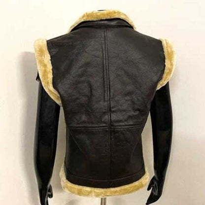 Tactical biker waistcoat in brown leather with faux fur hood and heavy-duty zipper closure