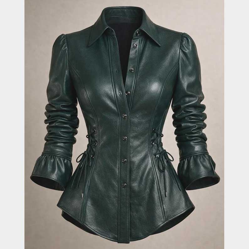Tailored green leather shirt featuring corset-inspired fit and classic collar by Jackets Kingdom
