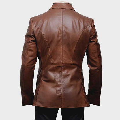 Tailored men's brown leather blazer genuine cowhide back view showing structured fit