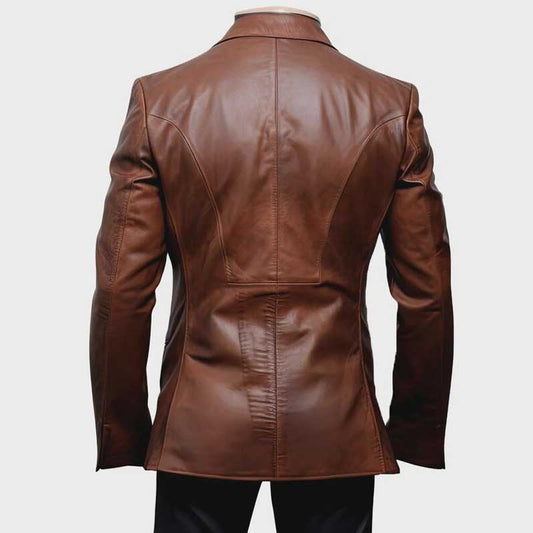 Tailored men's brown leather blazer genuine cowhide back view showing structured fit