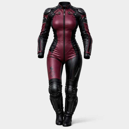 Tailored women's biker suit in genuine leather with moisture-wicking lining and custom colors