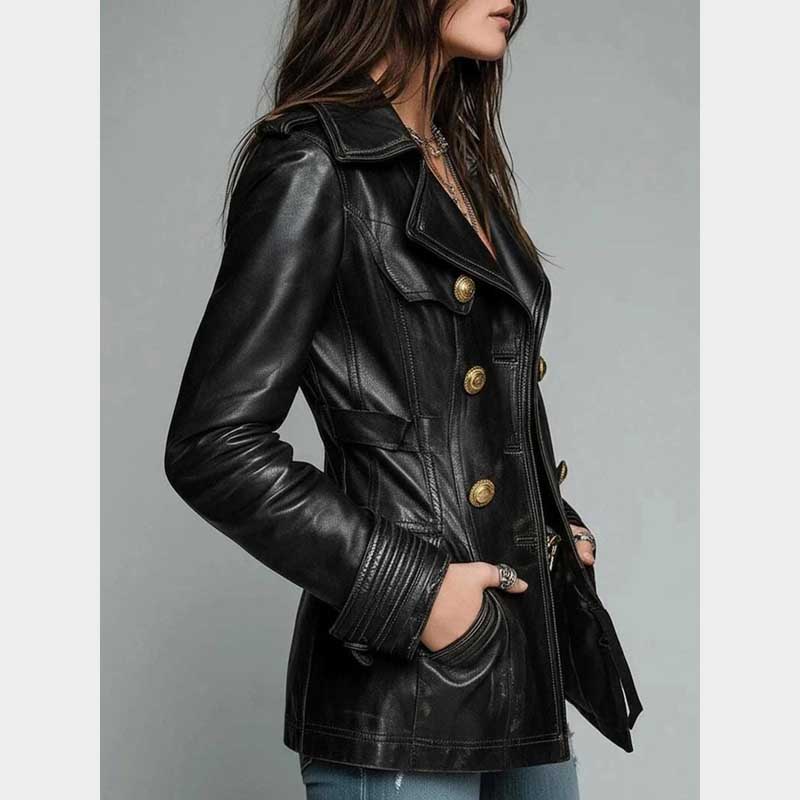 Tailored women's lambskin leather jacket with two rows of gold buttons and functional pockets