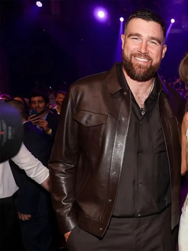 Travis Kelce Dark Brown Real Leather Jacket with Button Closure