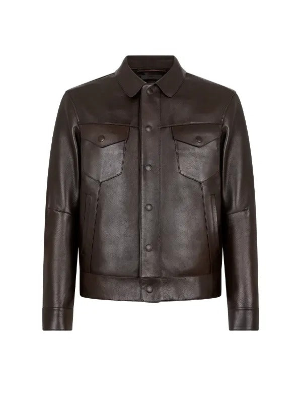 Travis Kelce Dark Brown Real Leather Jacket with Button Closure