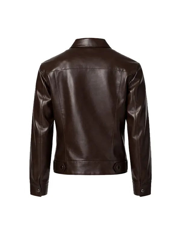 Travis Kelce Dark Brown Real Leather Jacket with Button Closure