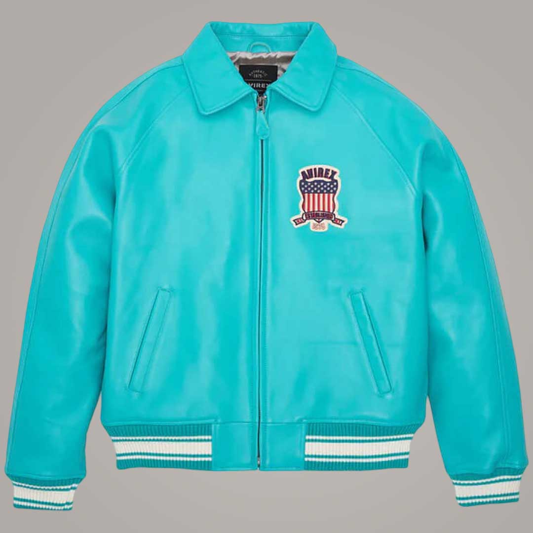 Turquoise Bomber Avirex Icon Leather Jacket Front View by Jackets Kingdom