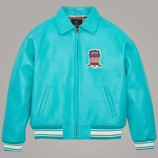 Turquoise Bomber Avirex Icon Leather Jacket Front View by Jackets Kingdom