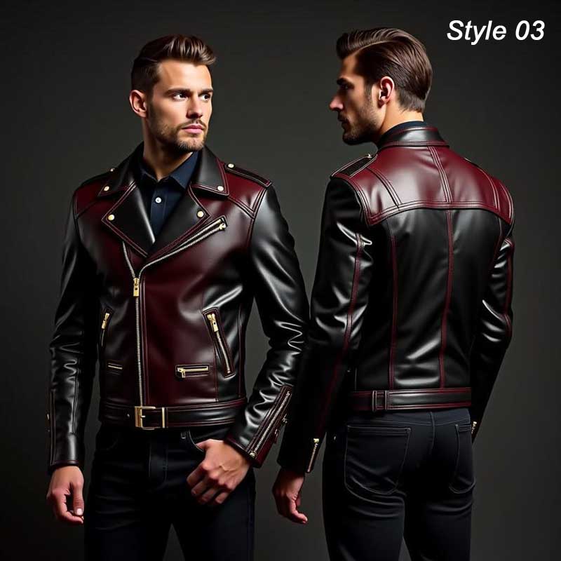 Two tone moto jacket with gold zipper, adjustable belt and functional pockets