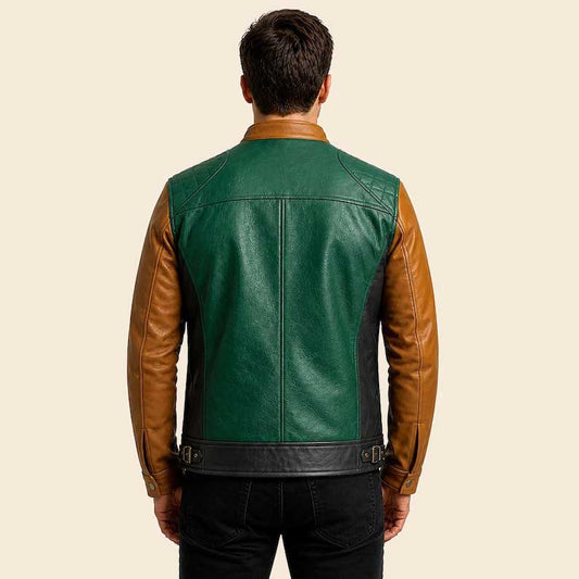 Mens Green and Brown Biker Leather Jacket