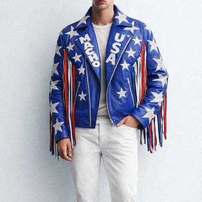 USA Patriotic Macho Man Leather Fringe Jacket