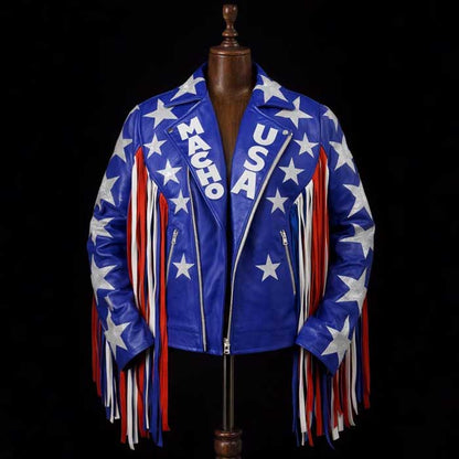 USA Patriotic Macho Man Leather Fringe Jacket